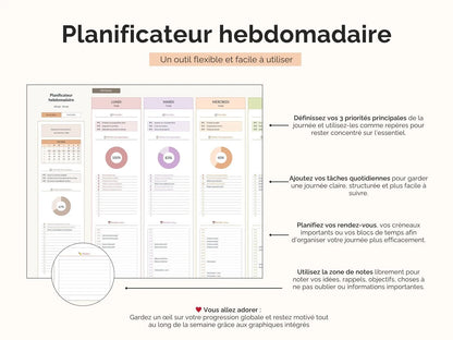 Définissez vos 3 priorités principales, ajoutez vos tâches quotidiennes, planifiez vos rendez-vous, et bien plus !