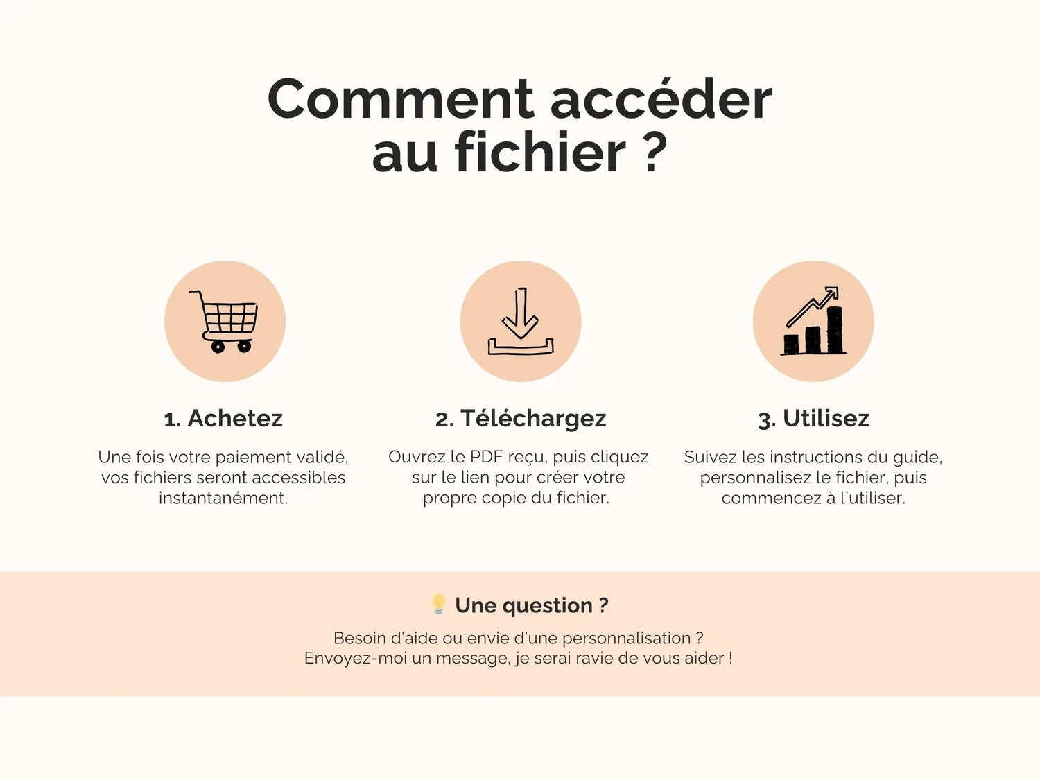 Comment accéder au fichier ?
Une fois votre paiement validé, vos fichiers seront accessibles instantanément.
Ouvrez le PDF reçu, puis cliquez sur le lien pour créer votre propre copie du fichier. 
Suivez les instructions du guide, personnalisez le fichier, puis commencez à l’utiliser.