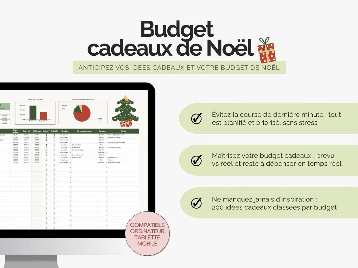 Planificateur cadeaux de Noël suivi budget