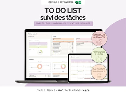 To-do list - tableau de bord et calendrier automatisé Excel Google sheets