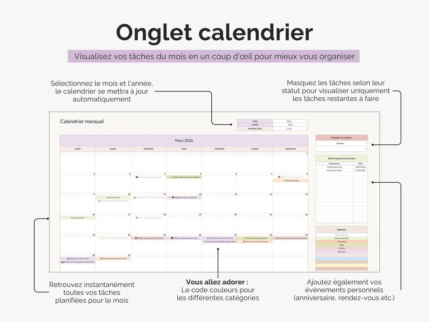 Onglet calendrier mensuel : visualisez vos tâches du mois en un coup d'œil pour mieux vous organiser
