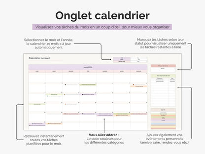 Onglet calendrier mensuel : visualisez vos tâches du mois en un coup d'œil pour mieux vous organiser