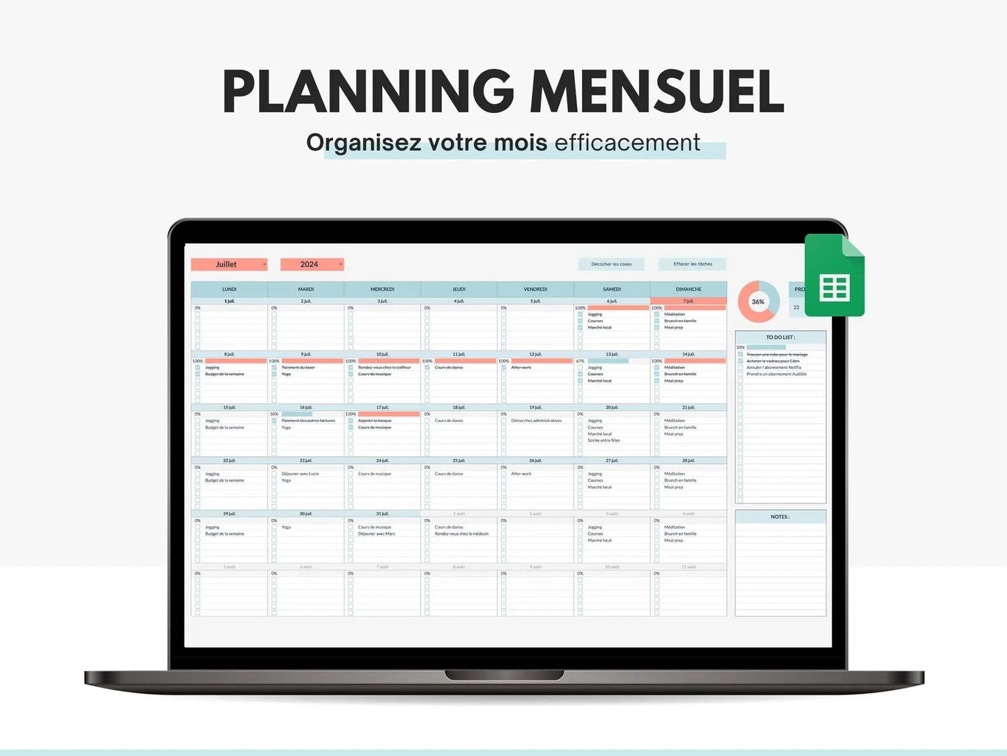 Planning et calendrier mensuel Google sheets
