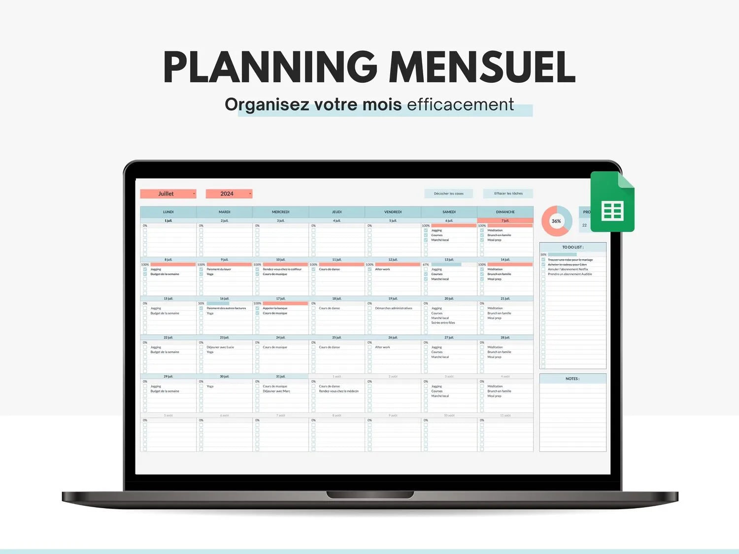 Planning et calendrier mensuel Google sheets