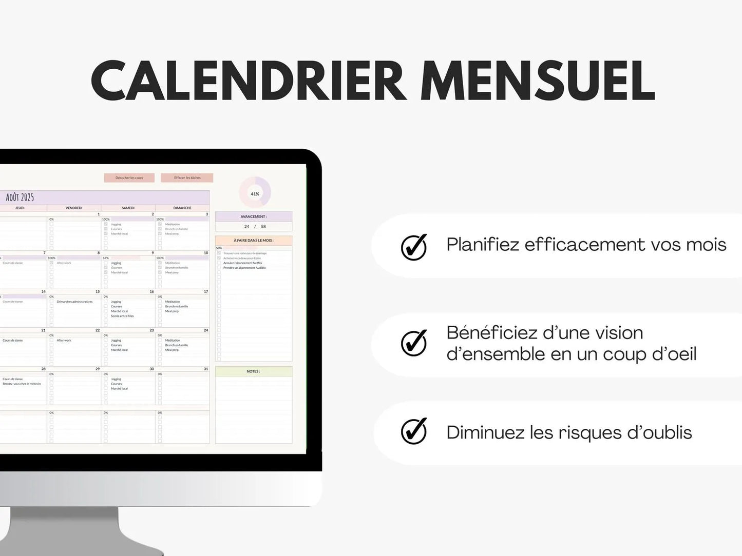 Avantages calendrier mensuel sur Google sheets