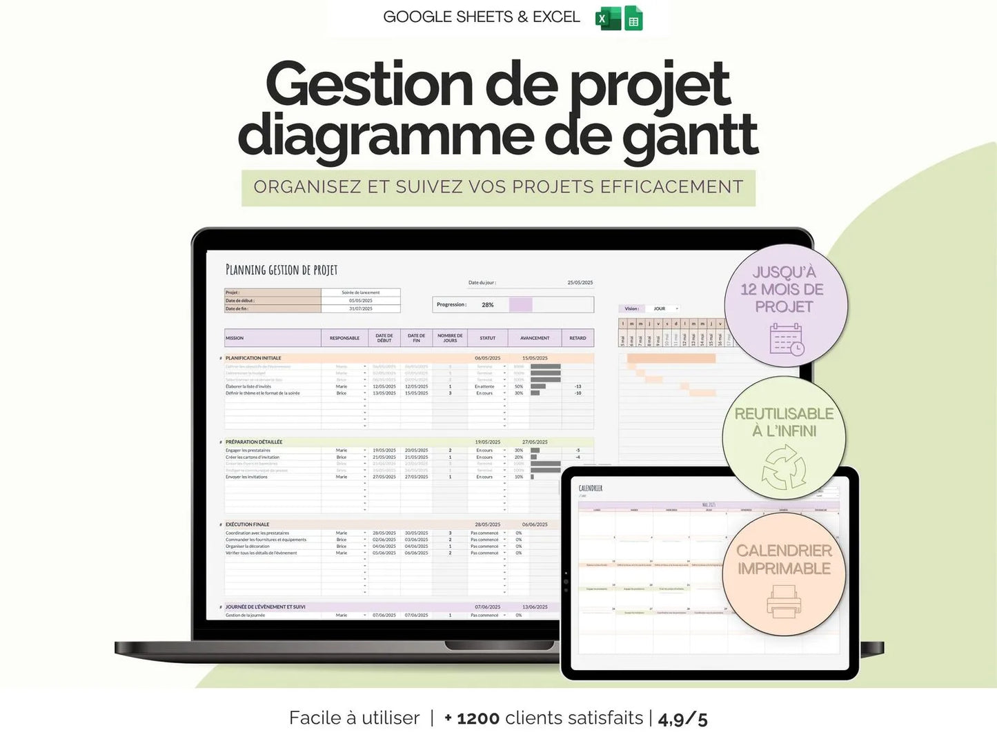 Tableau gestion de projet - diagramme de gantt Excel Google sheets