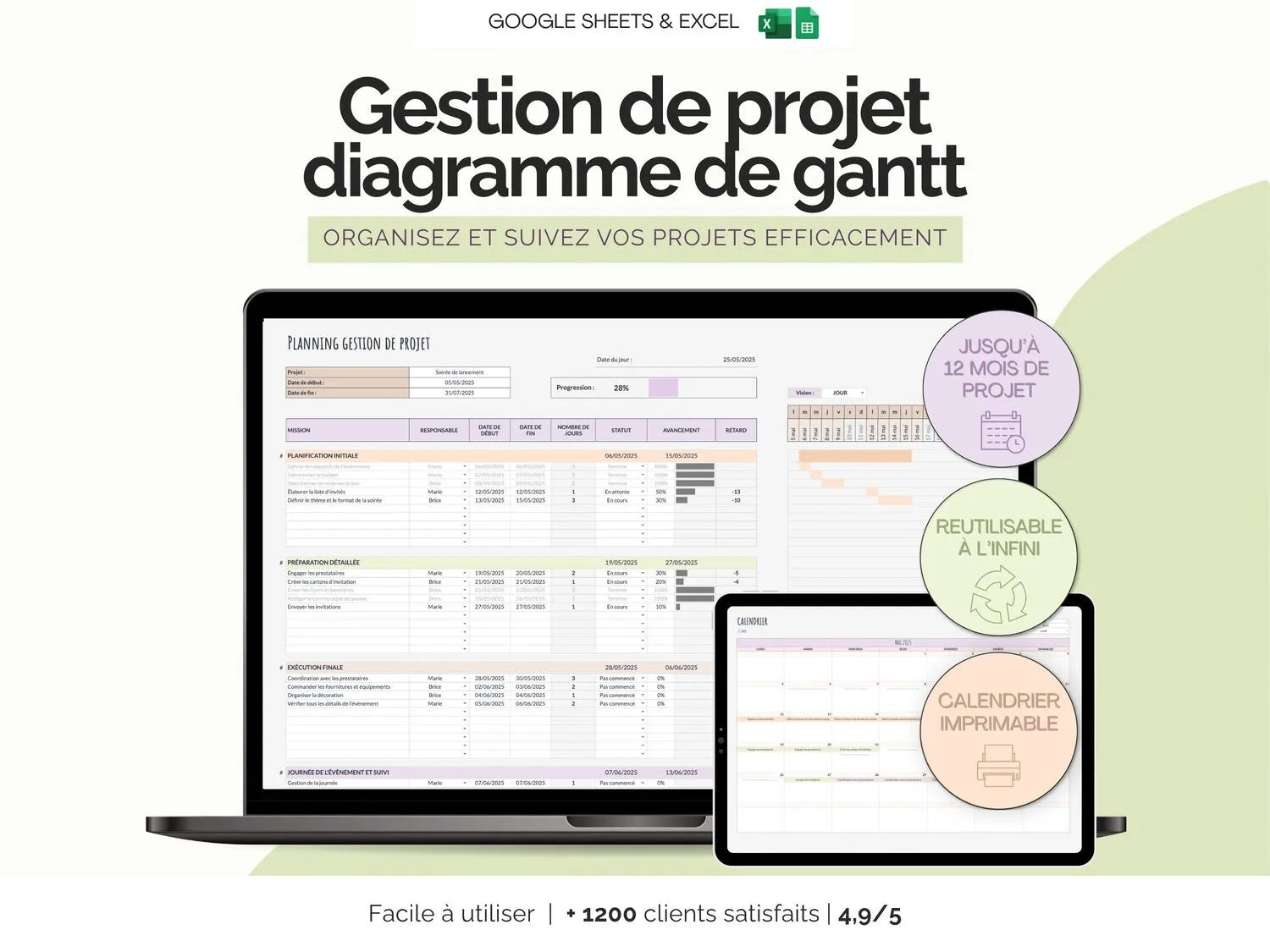 Tableau gestion de projet - diagramme de gantt Excel Google sheets