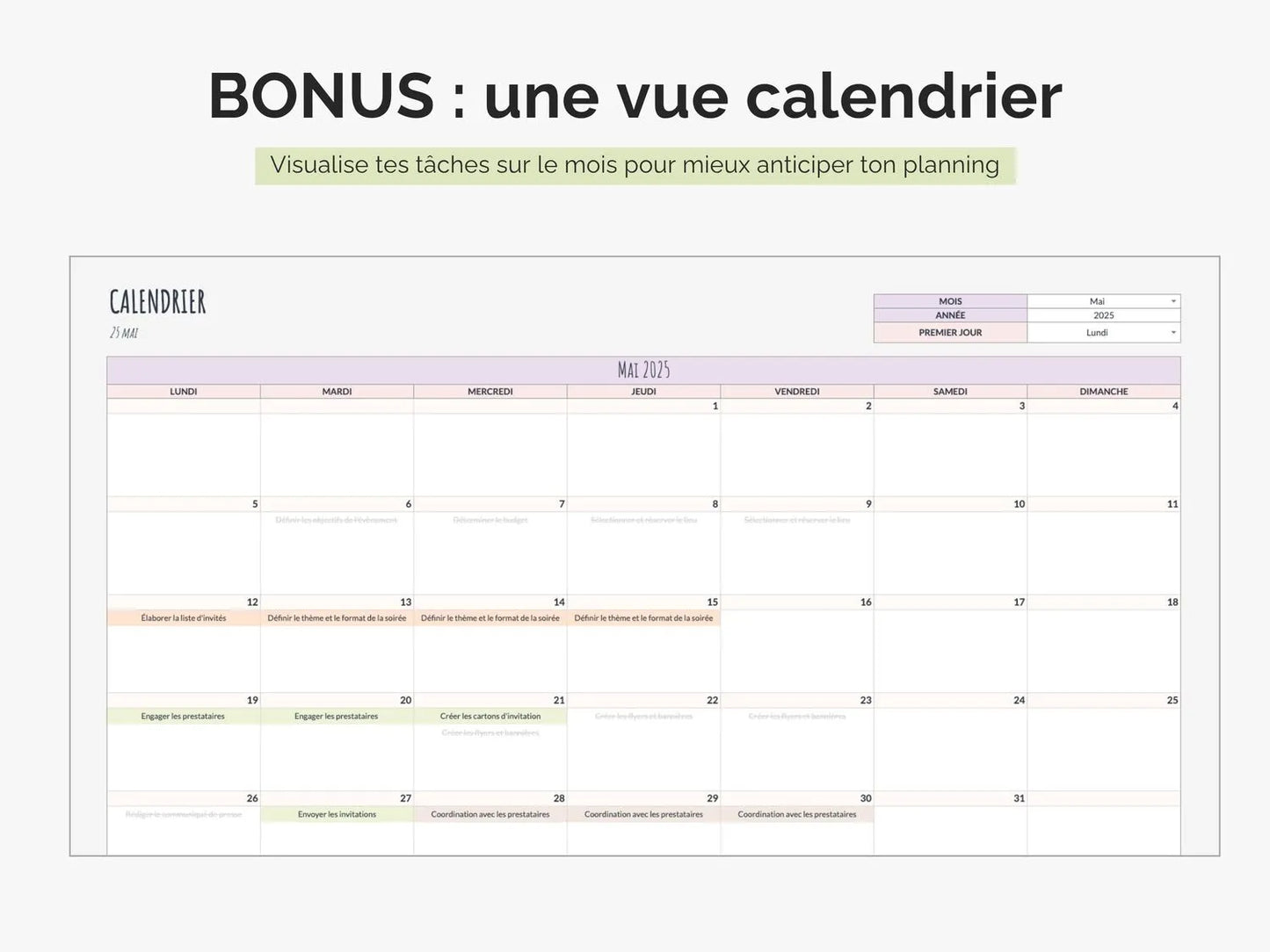 Diagramme de gantt avec vue calendrier mensuel Excel Google sheets