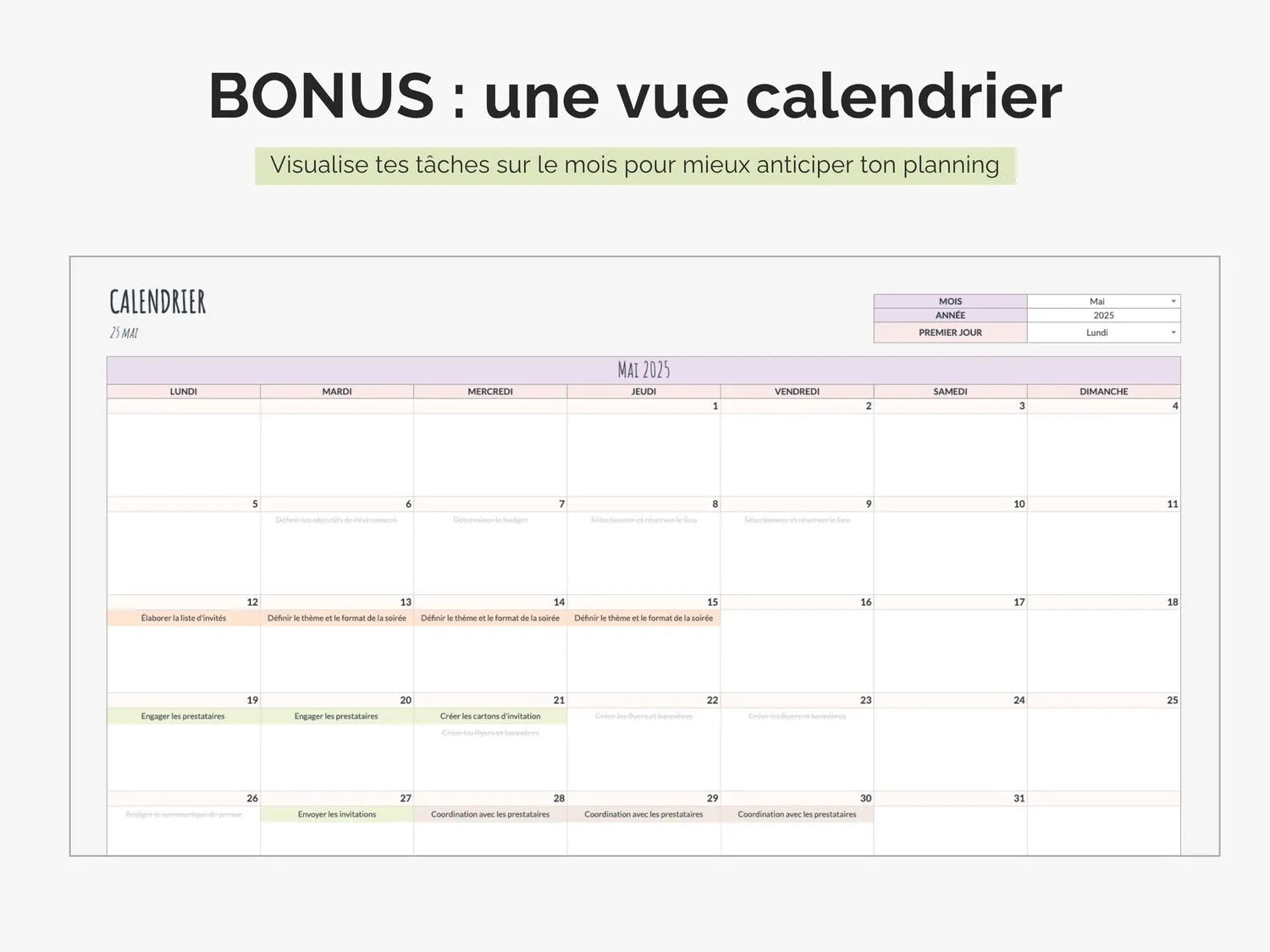 Diagramme de gantt avec vue calendrier mensuel Excel Google sheets
