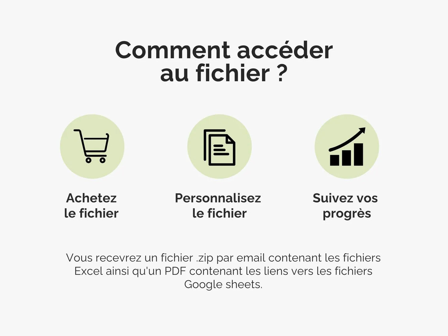 Comment accéder au fichier ?
Vous recevrez un fichier .zip par email contenant les fichiers Excel ainsi qu'un PDF contenant les liens vers les fichiers Google sheets.