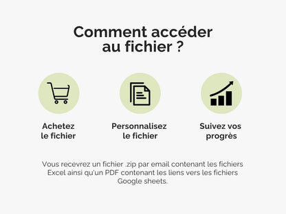 Comment accéder au fichier ?
Vous recevrez un fichier .zip par email contenant les fichiers Excel ainsi qu'un PDF contenant les liens vers les fichiers Google sheets.