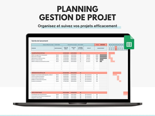Planning gestion de projet diagramme de gantt Google sheets