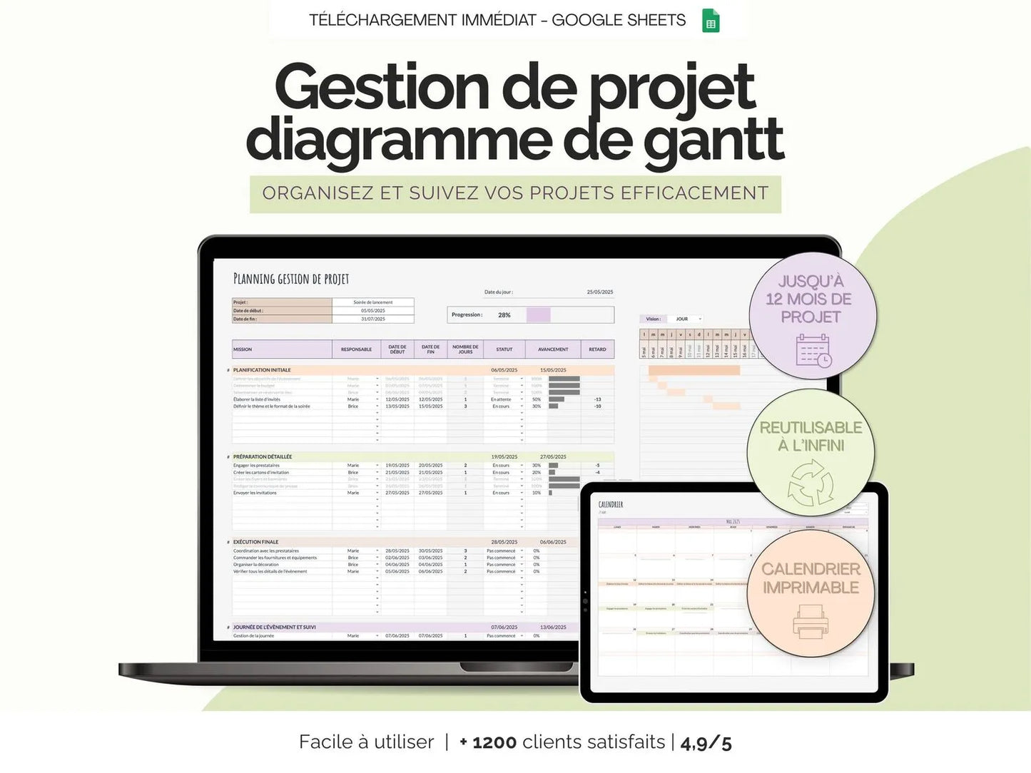 Tableau gestion de projet - diagramme de gantt