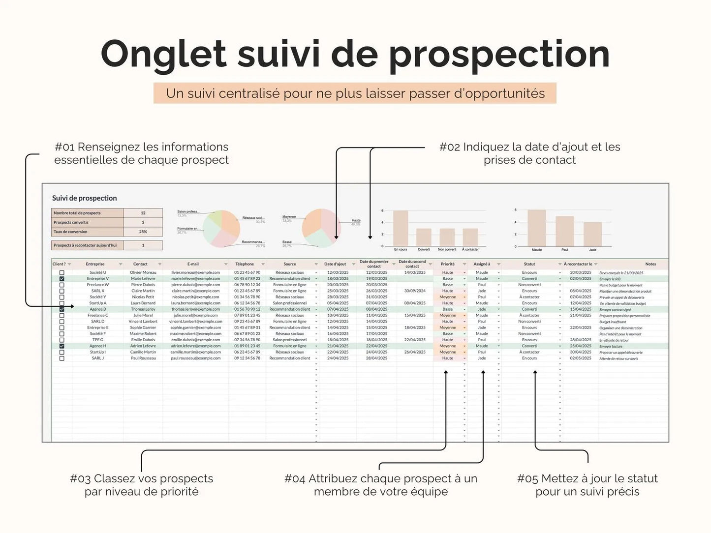 Tableau de suivi de prospection: renseignez les informations de vos prospects, indiquez la date d'ajout et les prises de contact, mettez à jour le statut etc..
