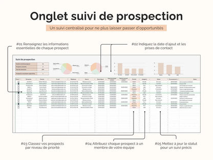 Tableau de suivi de prospection: renseignez les informations de vos prospects, indiquez la date d'ajout et les prises de contact, mettez à jour le statut etc..