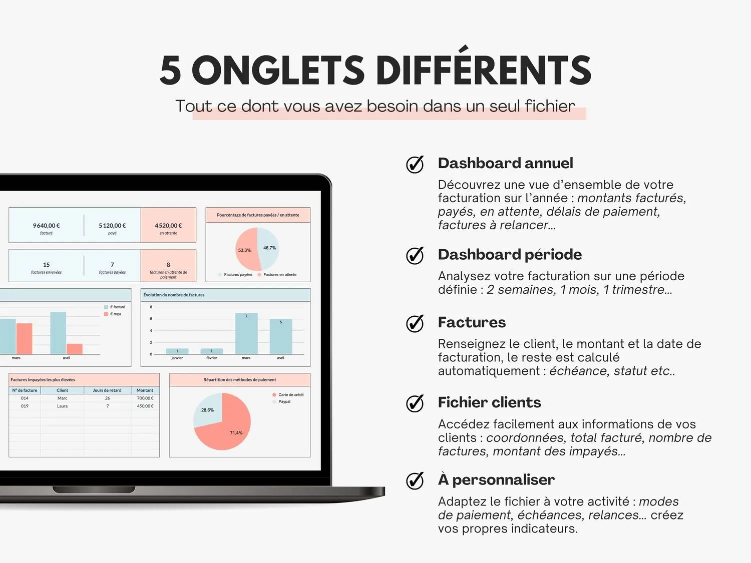 Onglets tableau de bord suivi des factures Excel Google sheets