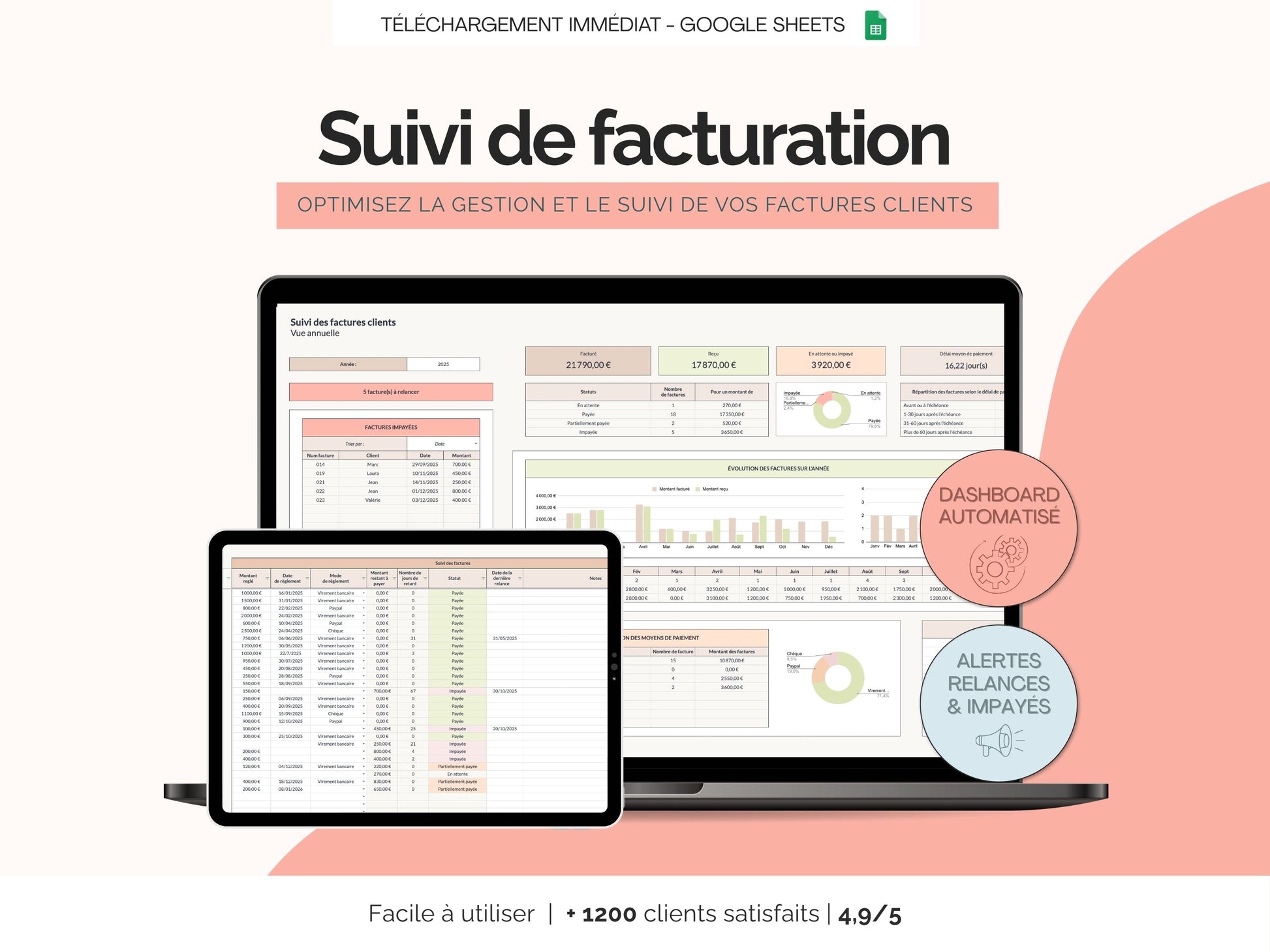 Tableau suivi des factures, relances et impayés clients sur Google sheets