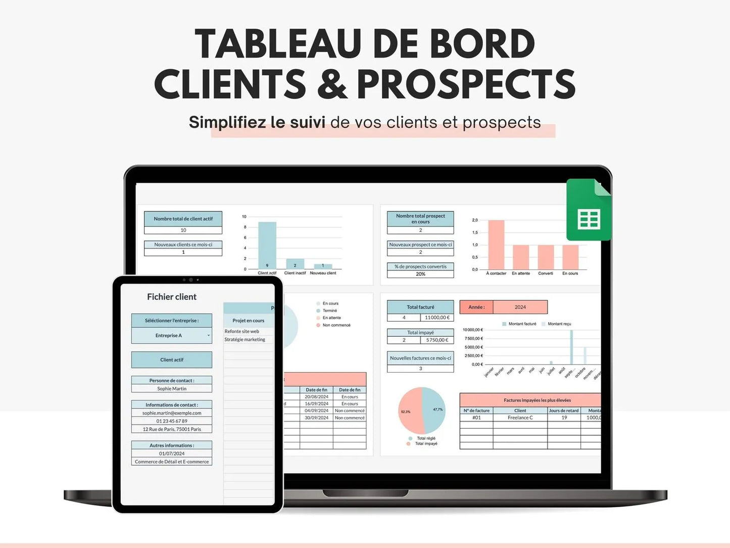 Tableau de bord CRM clients et prospects Google sheets