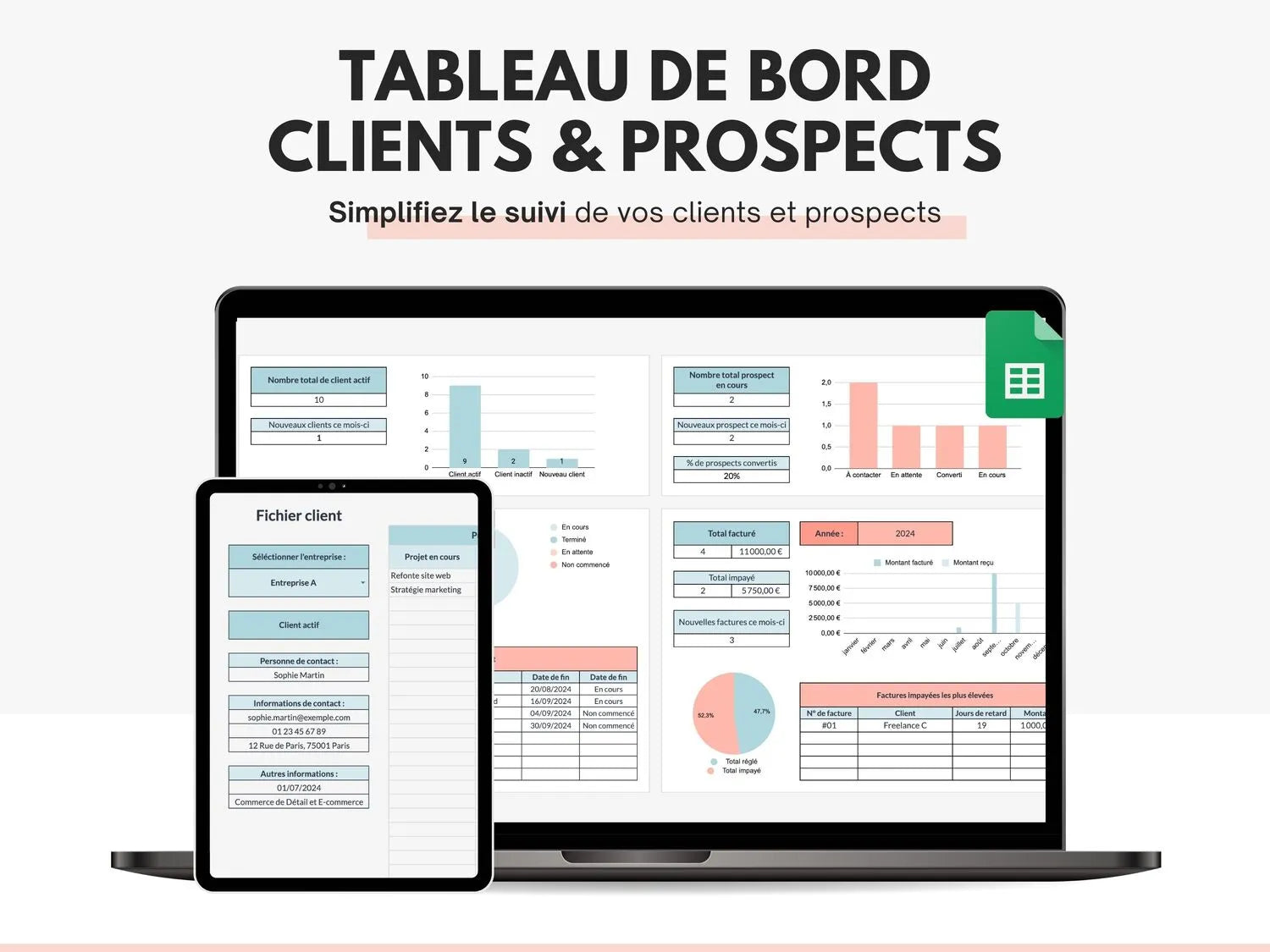 Tableau de bord CRM clients et prospects Google sheets
