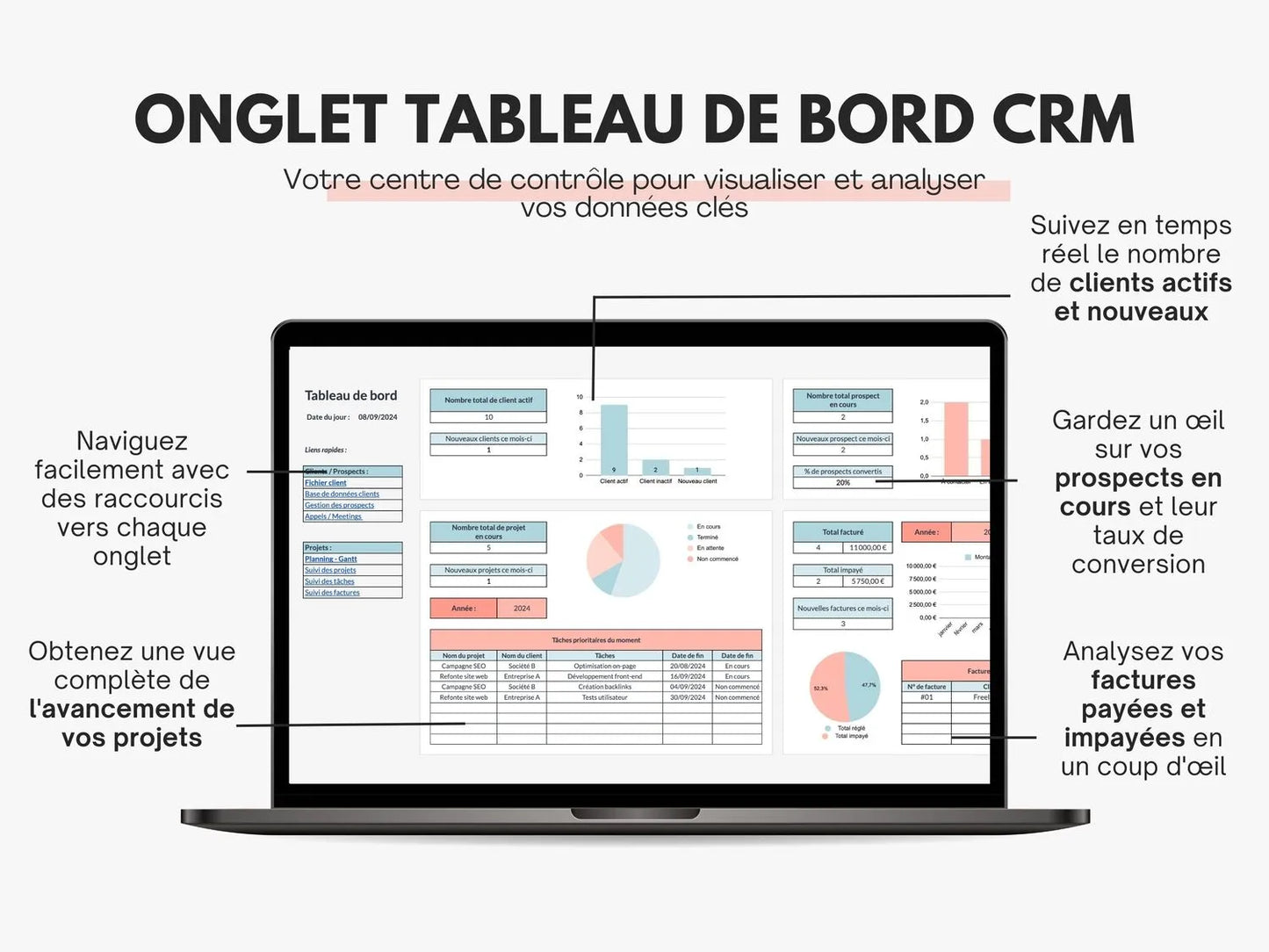 Tableau de bord CRM clients et prospects Google sheets