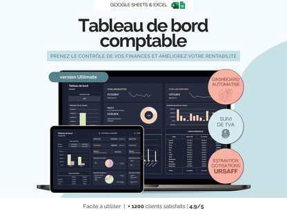 Tableau de bord comptable gestion finances | Suivi des ventes et dépenses comptabilité pour auto-entrepreneurs Excel Google Sheets