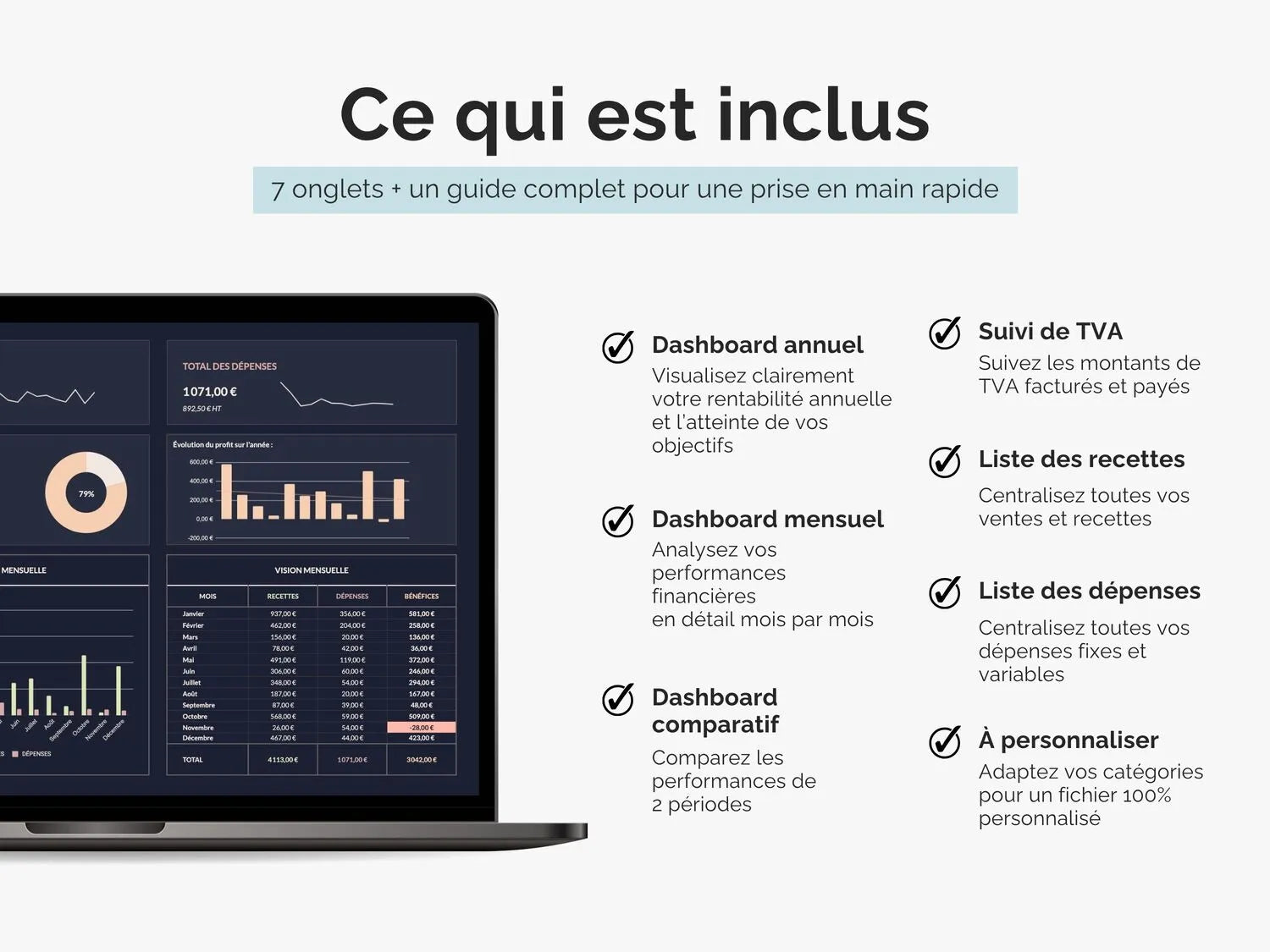 Ce qui est inclus dans le tableau de bord comptable Ultimate : Suivi des ventes, suivi des dépenses, dashboard annuel, mensuel, comparatif, suivi de TVA