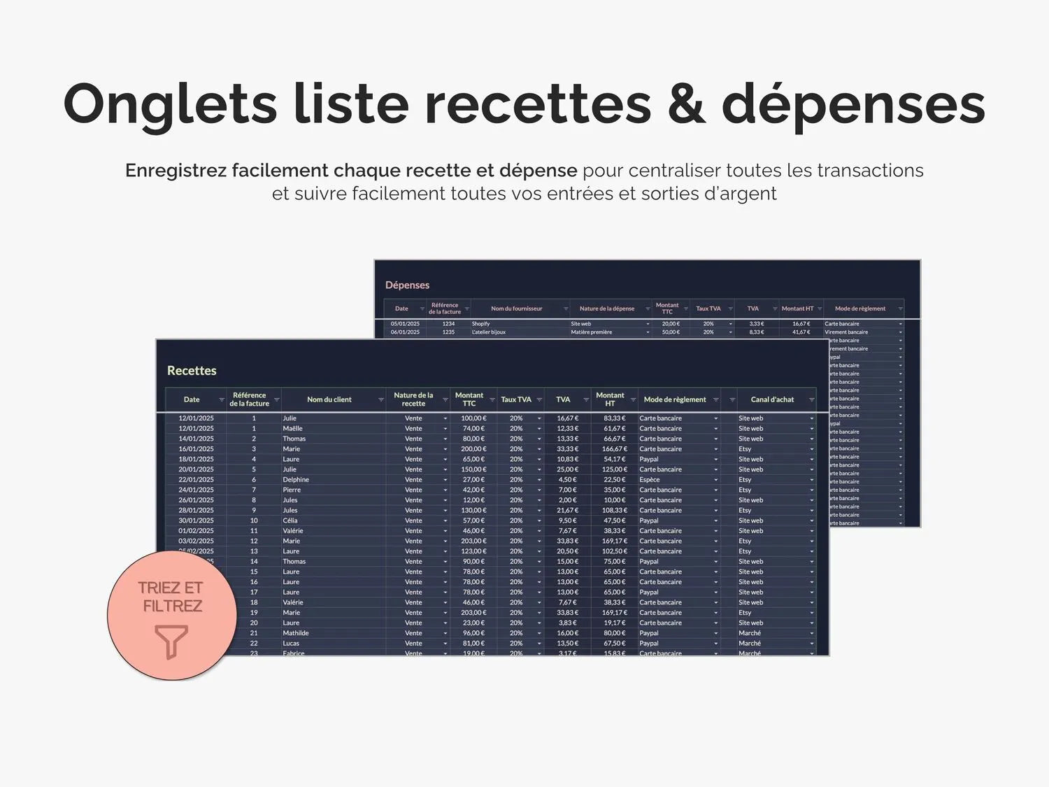Centralisez toutes vos recettes et toutes vos dépenses dans 2 onglets dédiés