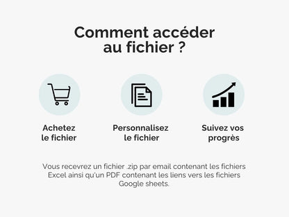 Comment accéder au fichier ?
Après achat, vous recevrez un fichier .zip par email contenant les fichiers Excel ainsi qu'un PDF contenant les liens vers les fichiers Google sheets.