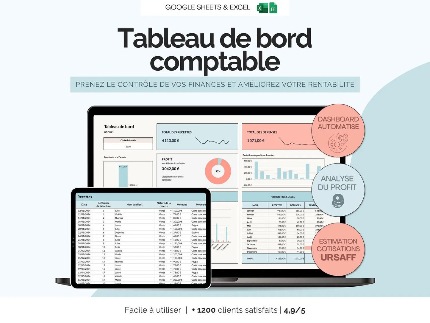 Tableau de bord comptable Excel Google sheets - Suivi des ventes et dépenses micro entreprise