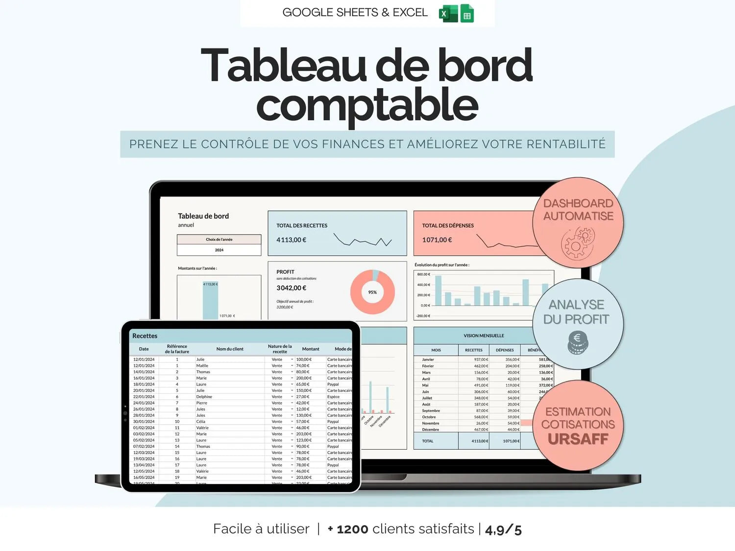 Tableau de bord comptable Excel Google sheets - Suivi des ventes et dépenses micro entreprise