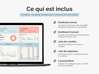 Ce qui est inclus dans le tableau de bord comptable Excel Google sheets : dashboard annuel, dasboard mensuel, liste des recettes, liste des dépenses