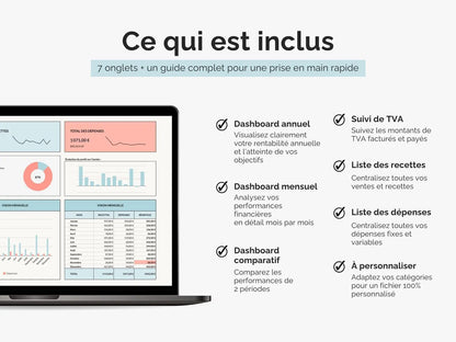 Ce qui est inclus dans le tableau de bord comptable Ultimate : suivi des recettes et dépenses, dashboard annuel, mensuel, comparatif, suivi de TVA