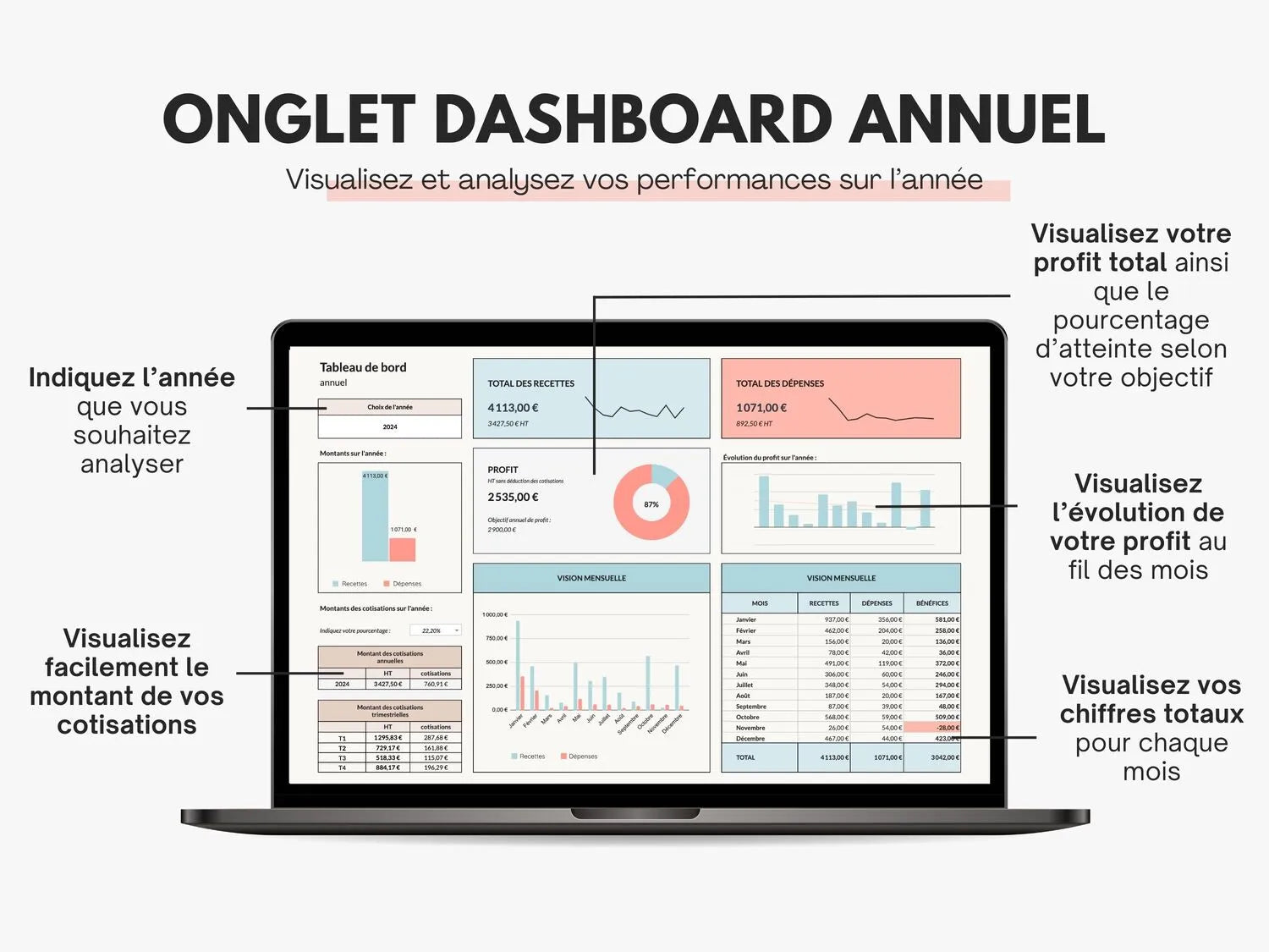 Tableau de bord comptable annuel gestion Excel Google sheets