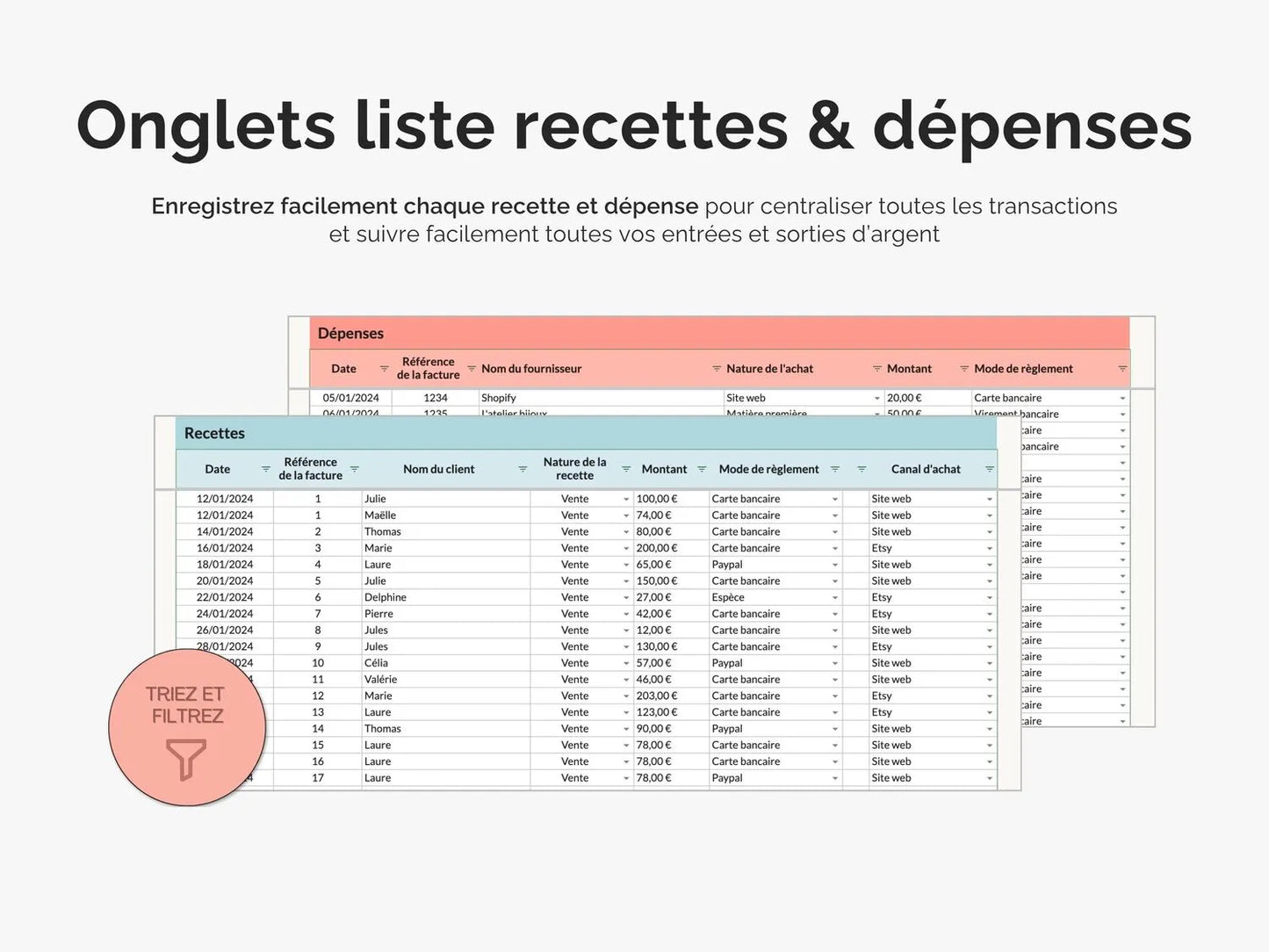 Onglets liste des recettes et dépenses Tableau de bord comptable Excel Google sheets - Centralisez vos ventes et dépenses