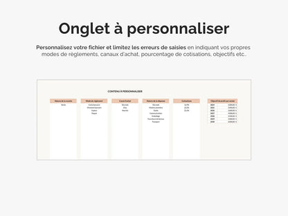 Onglet à personnaliser : indiquez vos propres indicateurs : mode de règlements, canaux d'achat, objectifs de profits etc.