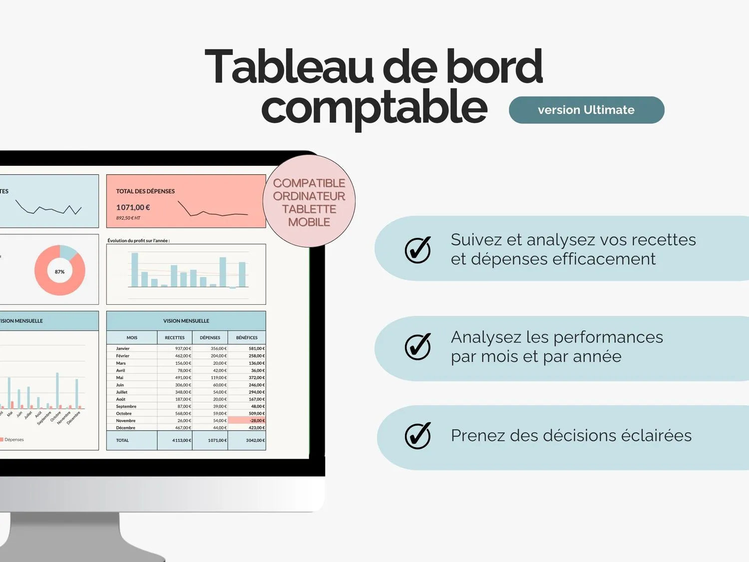 Grâce au tableau de bord comptable : 
- Suivez et analysez vos recettes et dépenses efficacement
- Analysez les performances par mois et par année
- Prenez des décisions éclairées