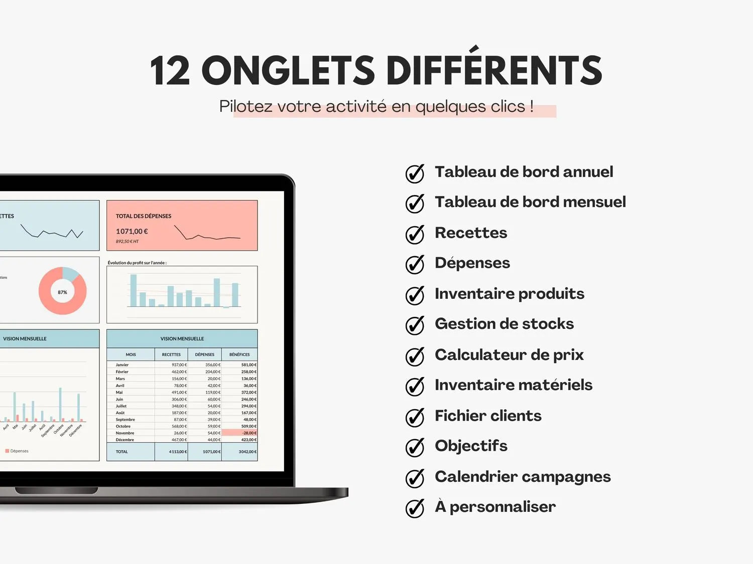 Tableau de bord gestion micro entreprise Google sheets