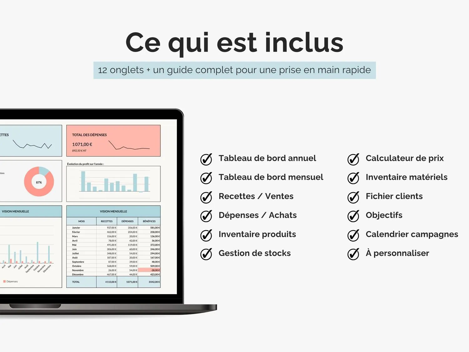 Ce qui est inclus dans le tableau de bord gestion entreprise : 12 onglets + un guide.
Tableaux de bord, liste des recettes et dépenses, gestion des stocks etc..