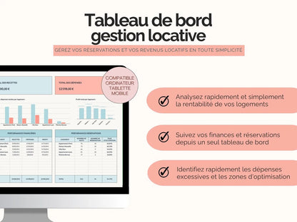 Grâce au template : 
- Analysez rapidement et simplement 
la rentabilité de vos logements
- Suivez vos finances et réservations depuis un seul tableau de bord
- Identifiez rapidement les dépenses excessives et les zones d'optimisation