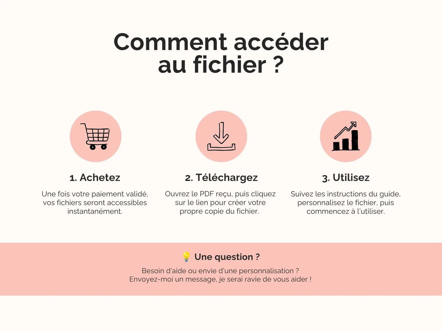 Comment accéder au fichier ? Une fois votre paiement validé, vos fichiers seront accessibles instantanément. Ouvrez le PDF reçu, puis cliquez sur le lien pour créer votre propre copie du fichier. Suivez les instructions du guide, personnalisez le fichier, puis commencez à l’utiliser.