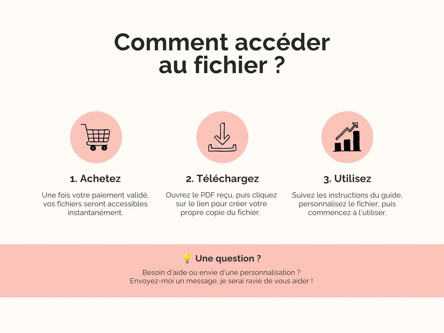 Comment accéder au fichier ? Une fois votre paiement validé, vos fichiers seront accessibles instantanément. Ouvrez le PDF reçu, puis cliquez sur le lien pour créer votre propre copie du fichier. Suivez les instructions du guide, personnalisez le fichier, puis commencez à l’utiliser.