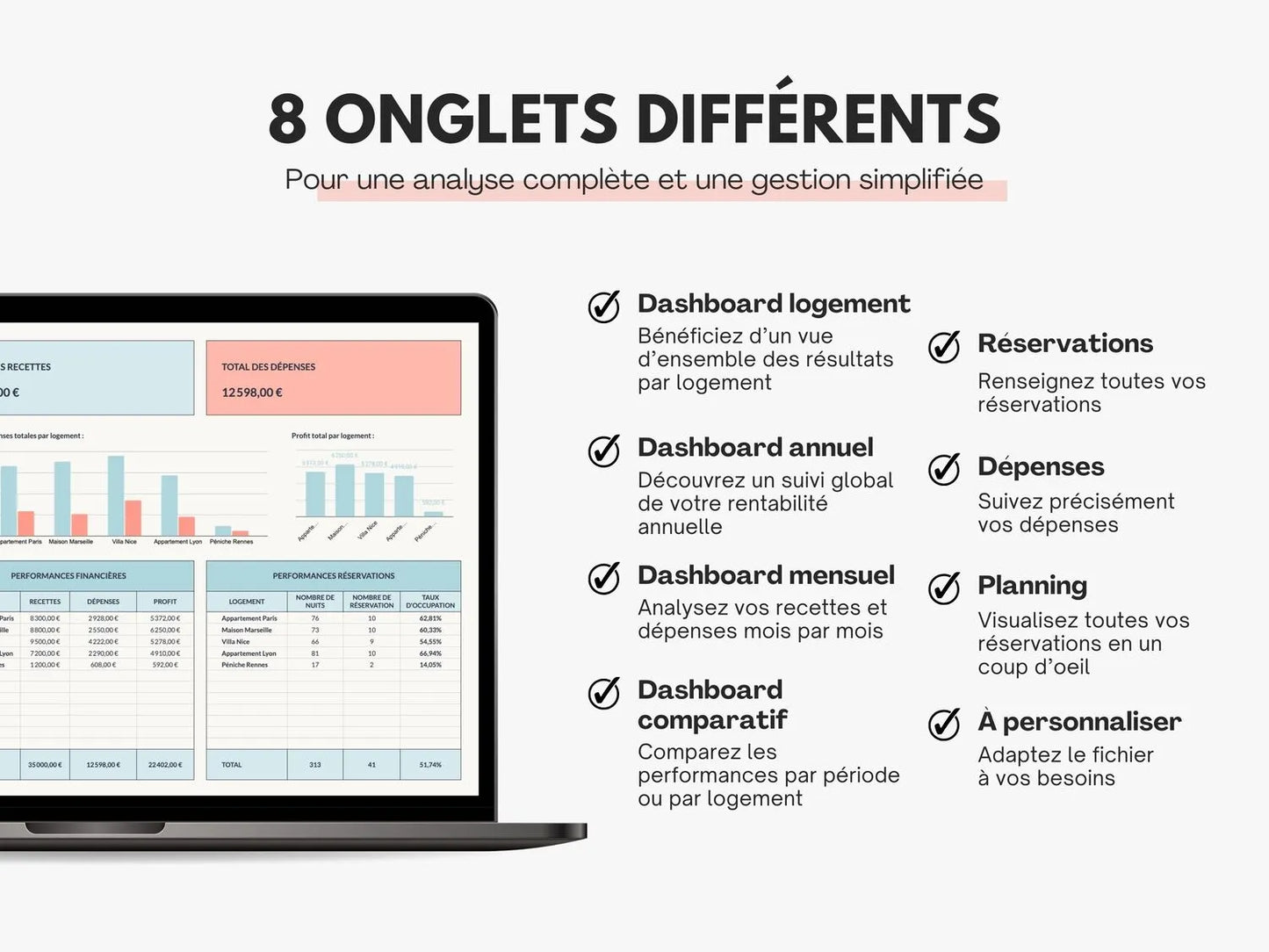 Tableau gestion locative | Suivi recettes, dépenses & réservations