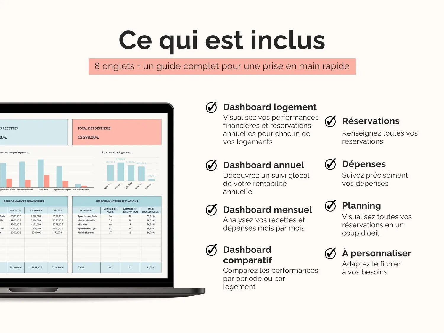 Ce qui est inclus dans le tableau de bord
gestion locative : 8 onglets + un guide complet pour une prise en main rapide