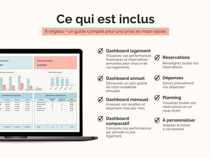 Ce qui est inclus dans le tableau de bord
gestion locative : 8 onglets + un guide complet pour une prise en main rapide