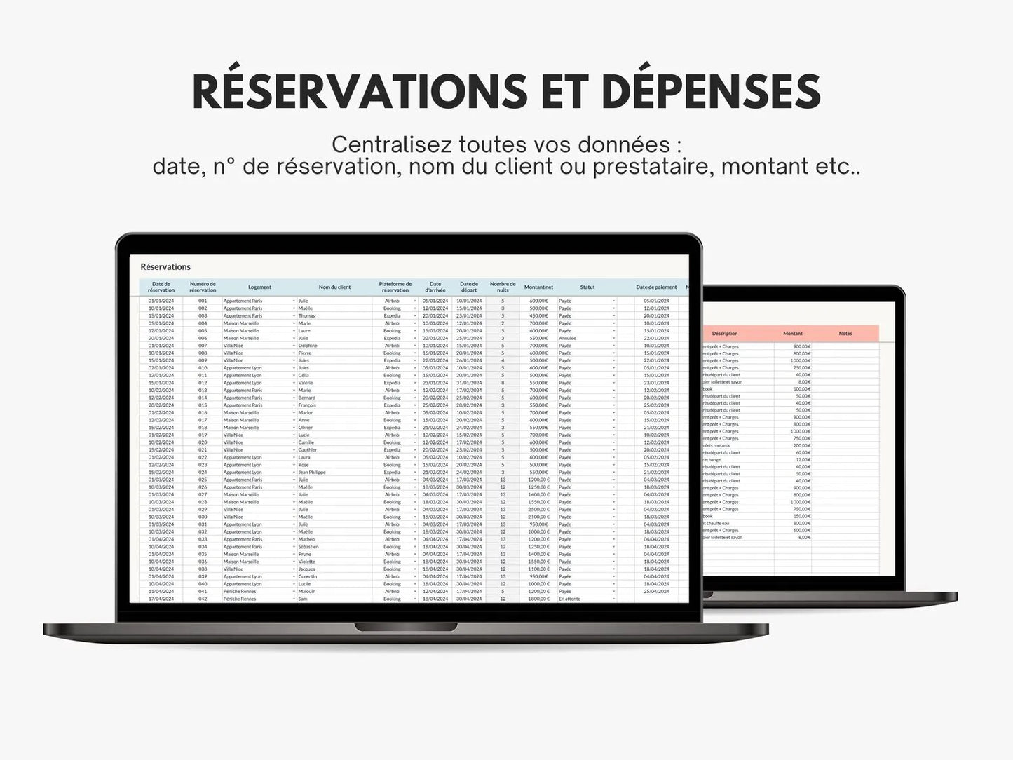 Tableau gestion locative | Suivi recettes, dépenses & réservations