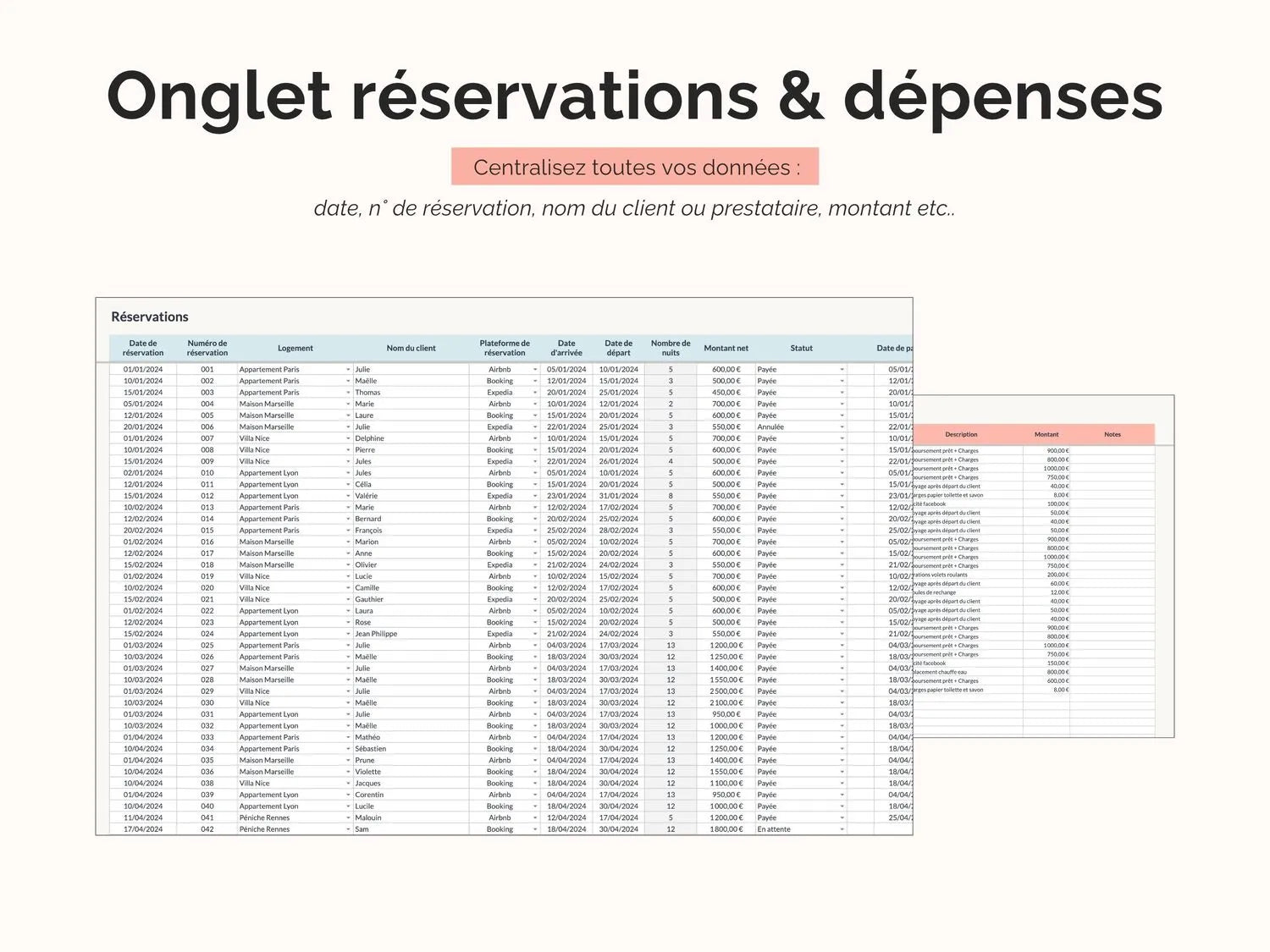 Onglet réservations & dépenses : centralisez toutes vos données date, n° de réservation, nom du client ou prestataire, montant etc..