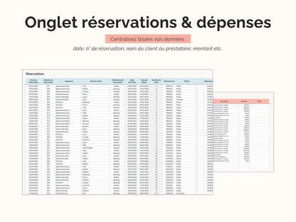 Onglet réservations & dépenses : centralisez toutes vos données date, n° de réservation, nom du client ou prestataire, montant etc..