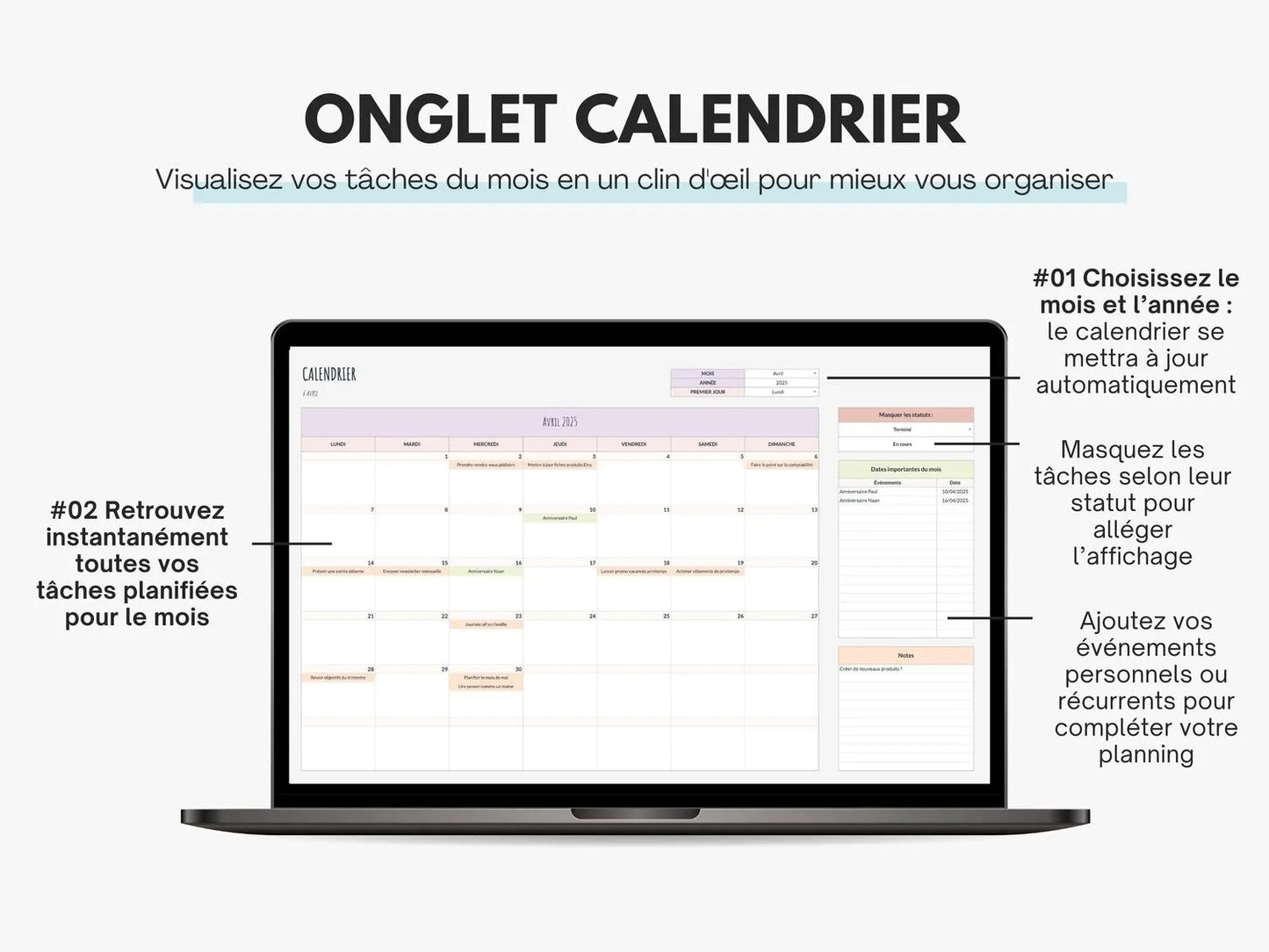 Calendrier pour to do list mensuelle Google sheets