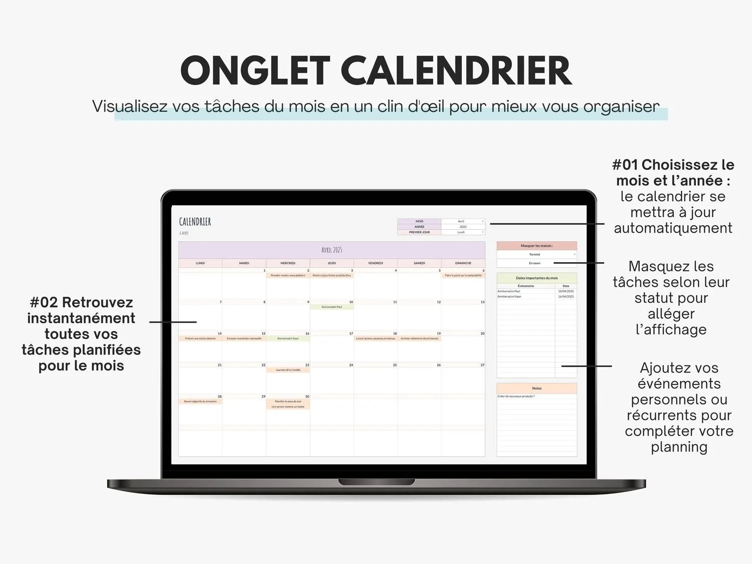 Calendrier pour to do list mensuelle Google sheets