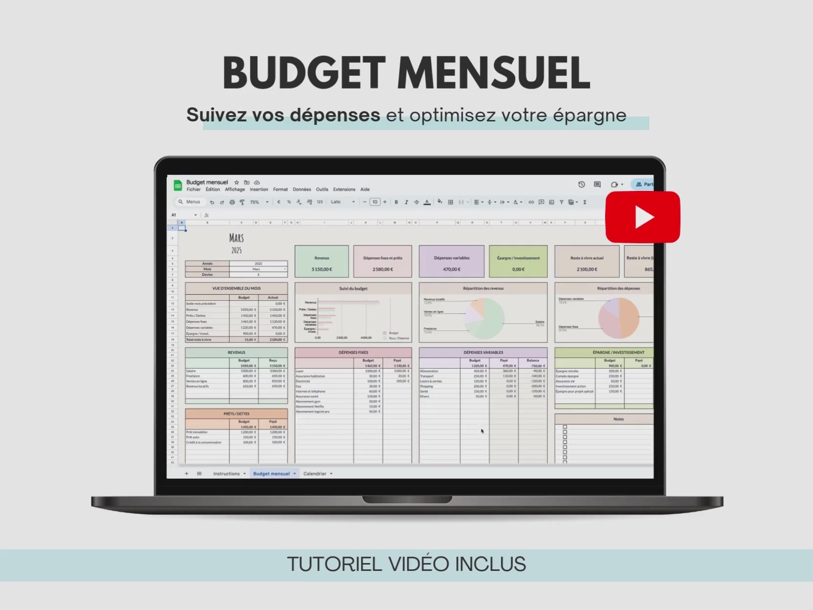 Tableau budget mensuel Excel Google sheets